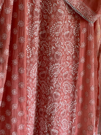 Peach Shade Tissue Silk Chikankari Straight Cut Kurta Dupatta Set