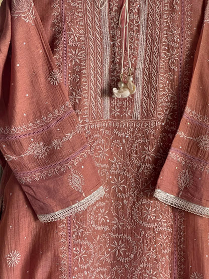 Peach Shade Tissue Silk Chikankari Straight Cut Kurta Dupatta Set