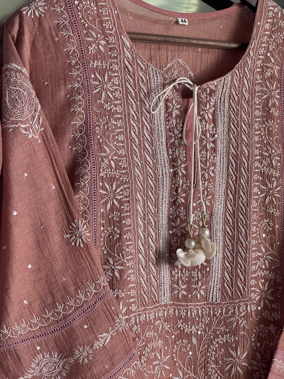 Peach Shade Tissue Silk Chikankari Straight Cut Kurta Dupatta Set