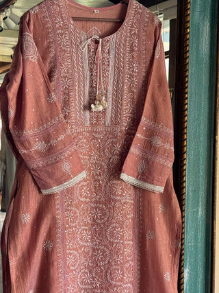 Peach Shade Tissue Silk Chikankari Straight Cut Kurta Dupatta Set