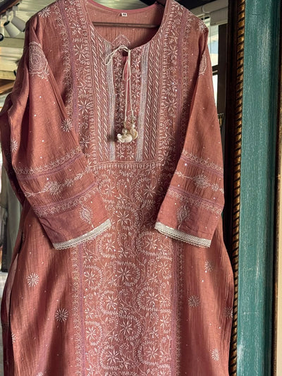 Peach Shade Tissue Silk Chikankari Straight Cut Kurta Dupatta Set
