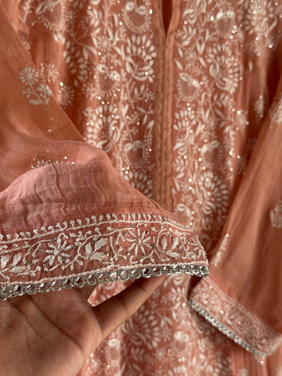 Peach Shade Tissue Silk Chikankari Straight Cut Kurta Dupatta Set