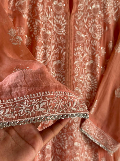 Peach Shade Tissue Silk Chikankari Straight Cut Kurta Dupatta Set