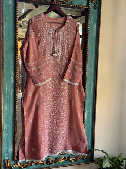 Peach Shade Tissue Silk Chikankari Straight Cut Kurta Dupatta Set