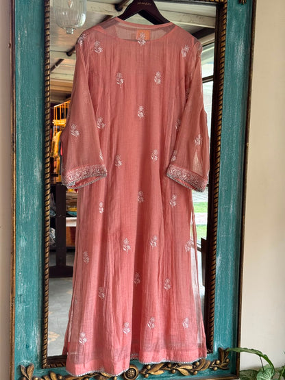 Peach Shade Tissue Silk Chikankari Straight Cut Kurta Dupatta Set