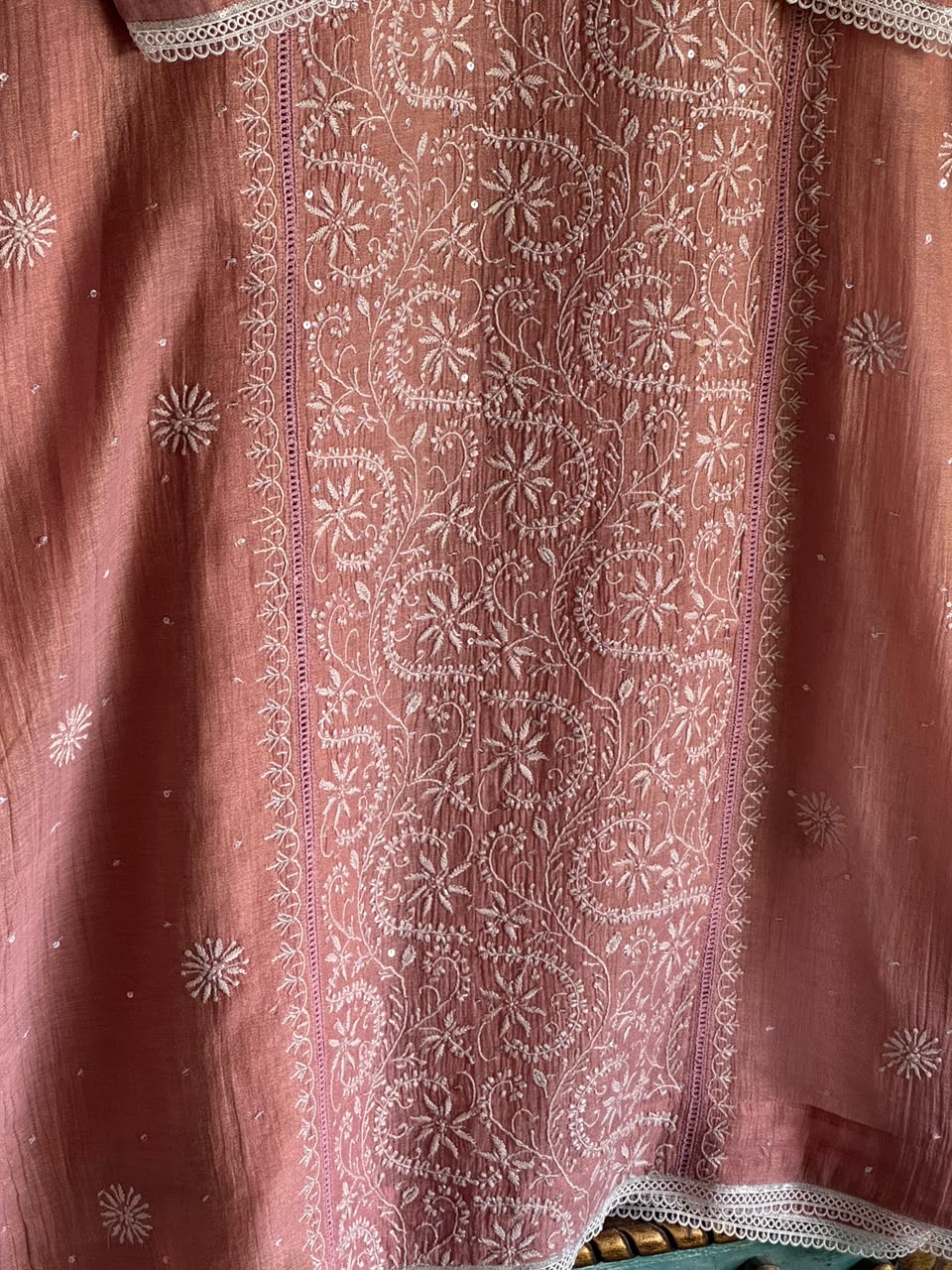 Peach Shade Tissue Silk Chikankari Straight Cut Kurta Dupatta Set