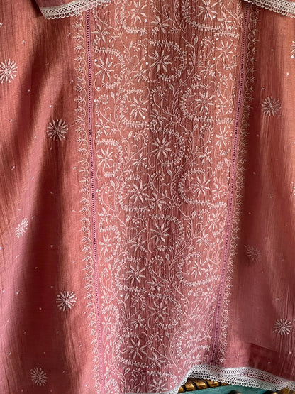 Peach Shade Tissue Silk Chikankari Straight Cut Kurta Dupatta Set