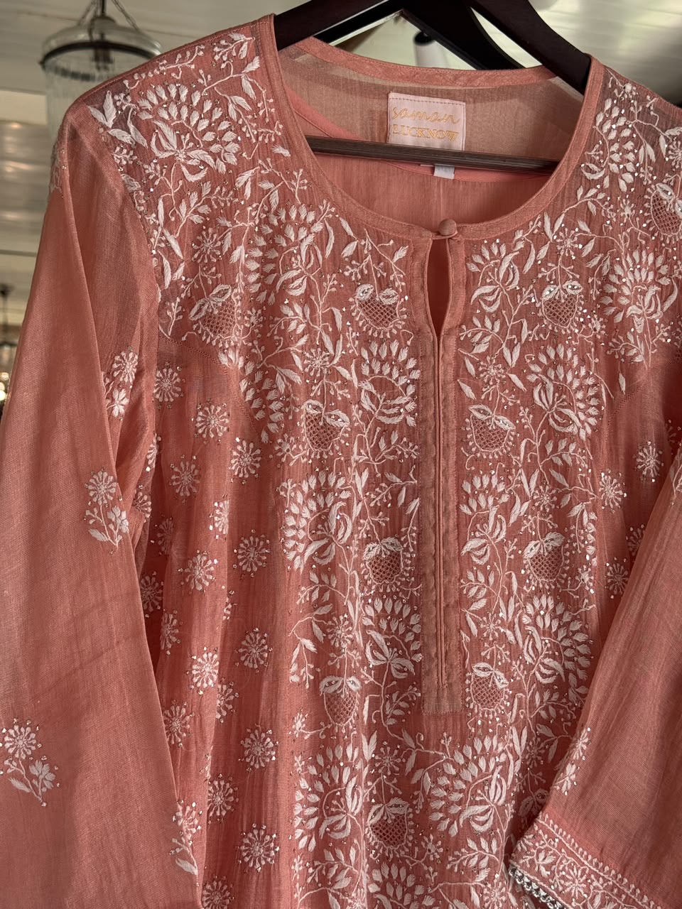 Peach Shade Tissue Silk Chikankari Straight Cut Kurta Dupatta Set