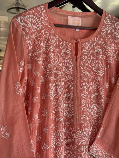 Peach Shade Tissue Silk Chikankari Straight Cut Kurta Dupatta Set