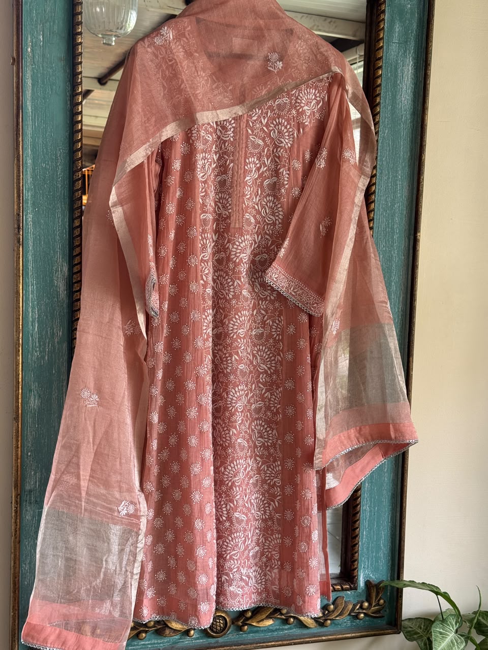 Peach Shade Tissue Silk Chikankari Straight Cut Kurta Dupatta Set