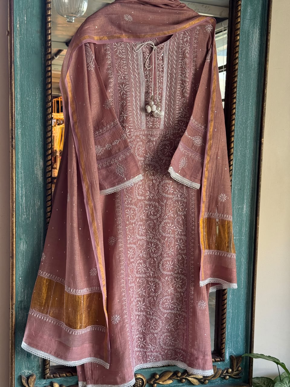 Peach Shade Tissue Silk Chikankari Straight Cut Kurta Dupatta Set