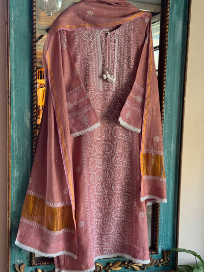 Peach Shade Tissue Silk Chikankari Straight Cut Kurta Dupatta Set