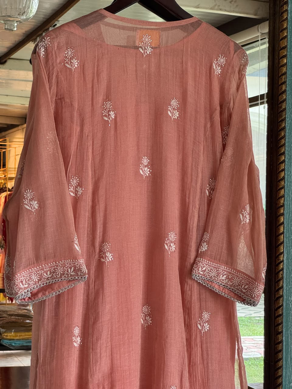 Peach Shade Tissue Silk Chikankari Straight Cut Kurta Dupatta Set