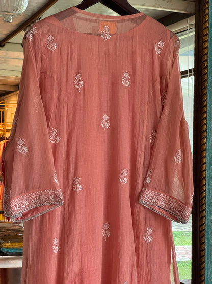 Peach Shade Tissue Silk Chikankari Straight Cut Kurta Dupatta Set