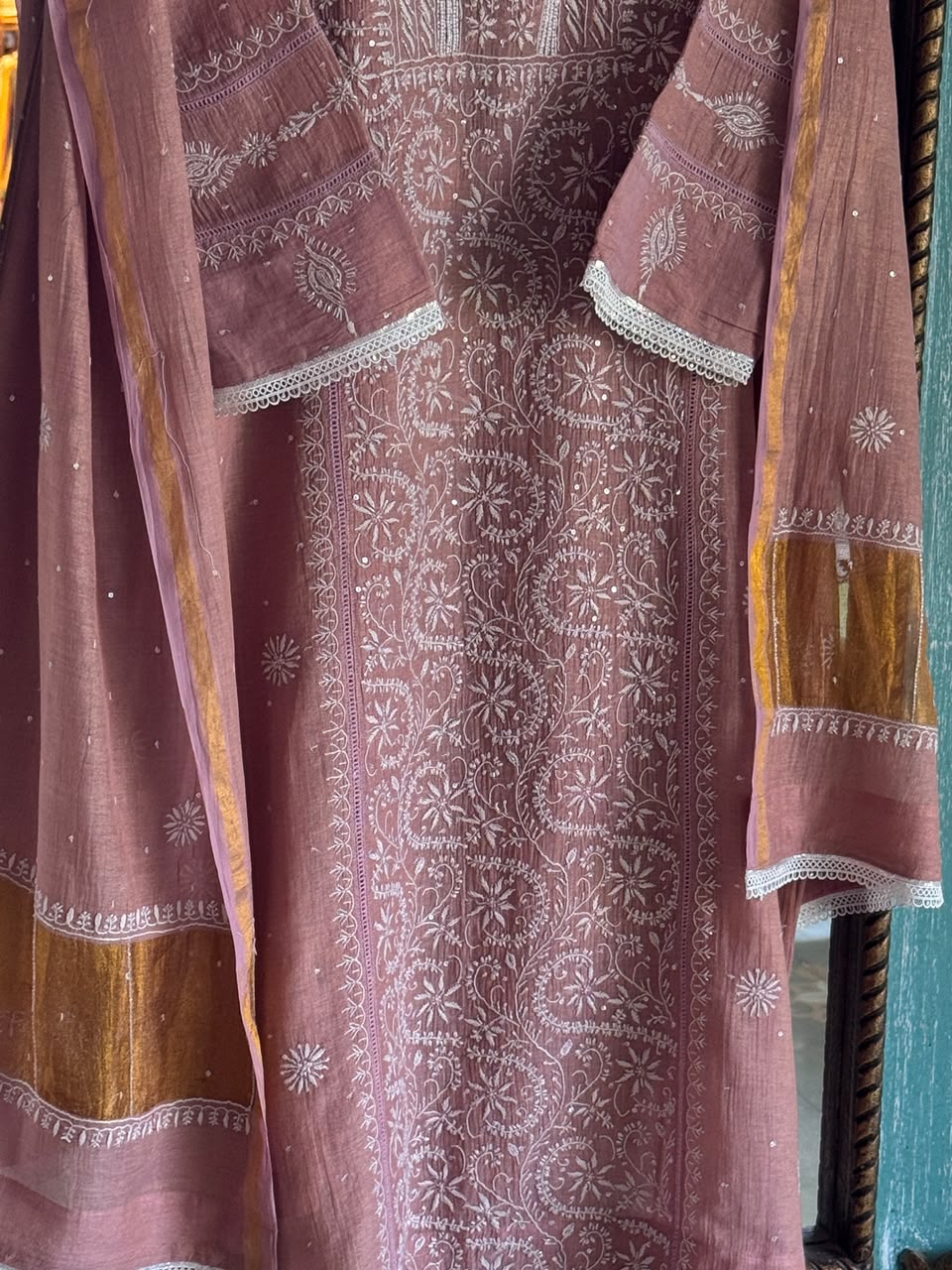 Peach Shade Tissue Silk Chikankari Straight Cut Kurta Dupatta Set