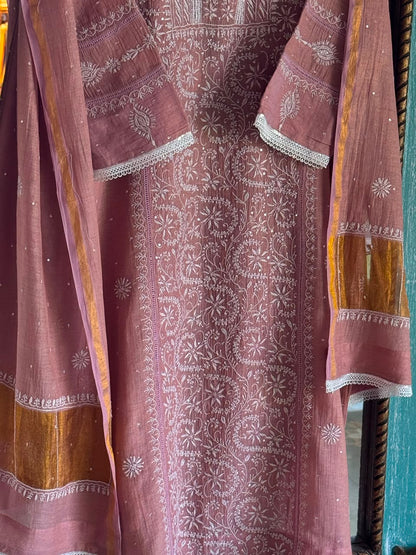 Peach Shade Tissue Silk Chikankari Straight Cut Kurta Dupatta Set