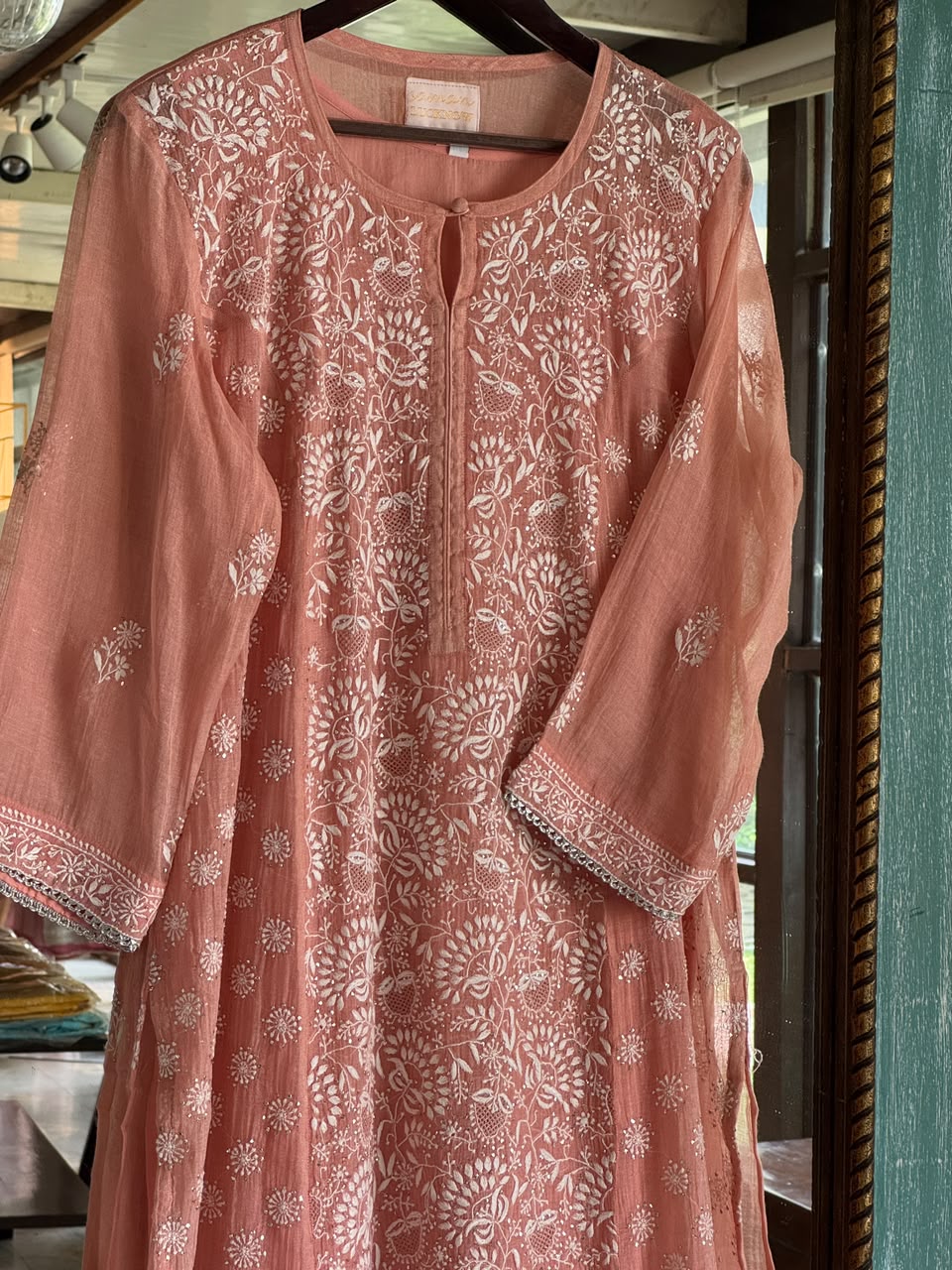Peach Shade Tissue Silk Chikankari Straight Cut Kurta Dupatta Set