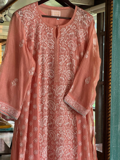 Peach Shade Tissue Silk Chikankari Straight Cut Kurta Dupatta Set