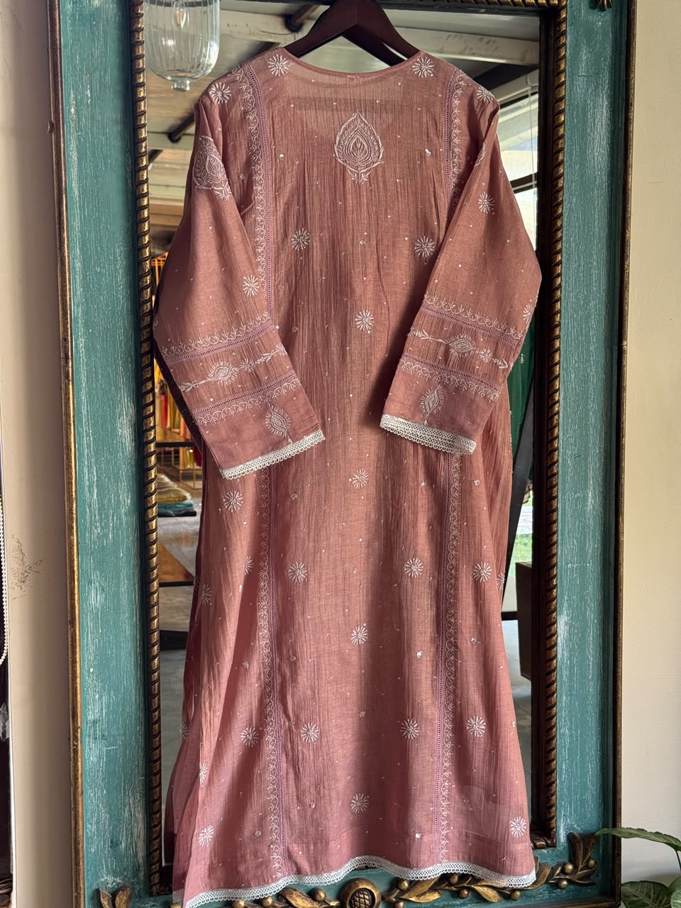 Peach Shade Tissue Silk Chikankari Straight Cut Kurta Dupatta Set