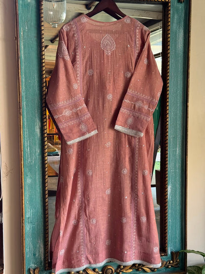 Peach Shade Tissue Silk Chikankari Straight Cut Kurta Dupatta Set