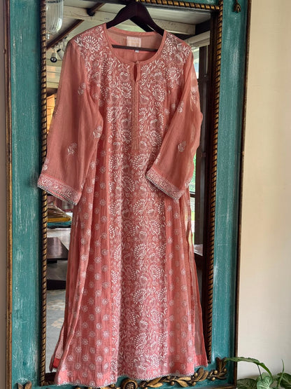 Peach Shade Tissue Silk Chikankari Straight Cut Kurta Dupatta Set