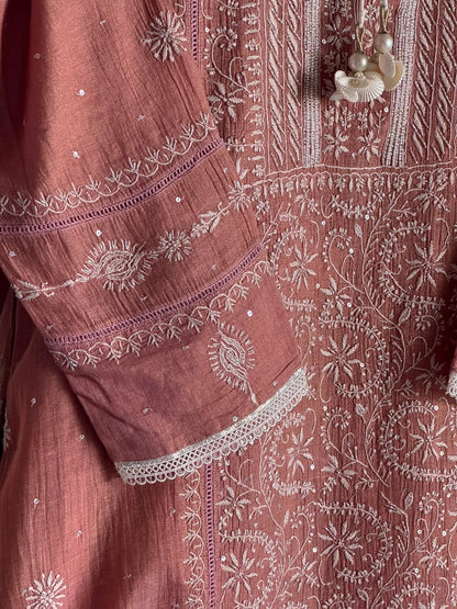 Peach Shade Tissue Silk Chikankari Straight Cut Kurta Dupatta Set