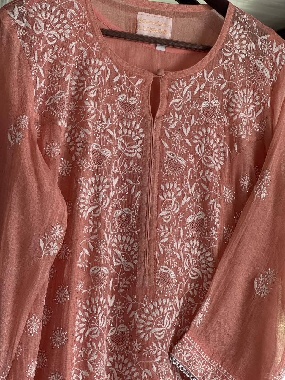 Peach Shade Tissue Silk Chikankari Straight Cut Kurta Dupatta Set