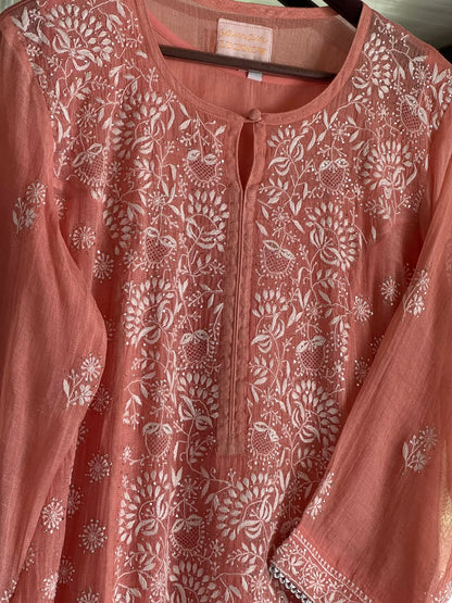 Peach Shade Tissue Silk Chikankari Straight Cut Kurta Dupatta Set