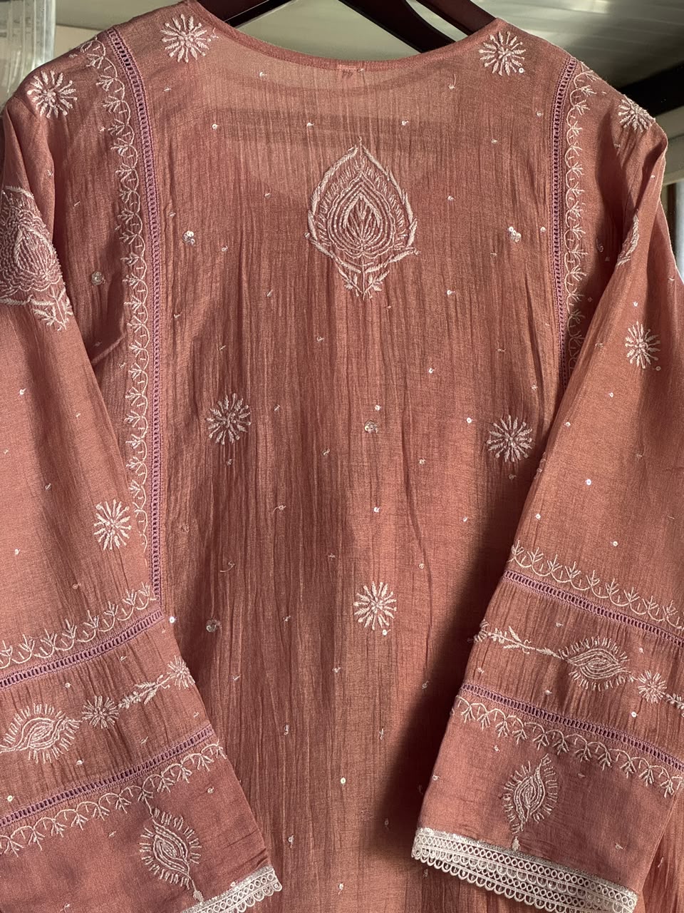 Peach Shade Tissue Silk Chikankari Straight Cut Kurta Dupatta Set