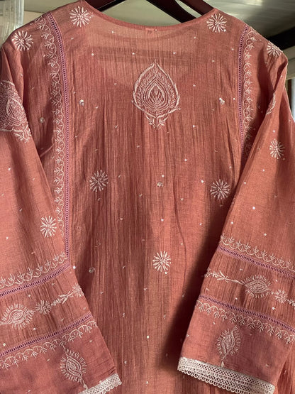 Peach Shade Tissue Silk Chikankari Straight Cut Kurta Dupatta Set
