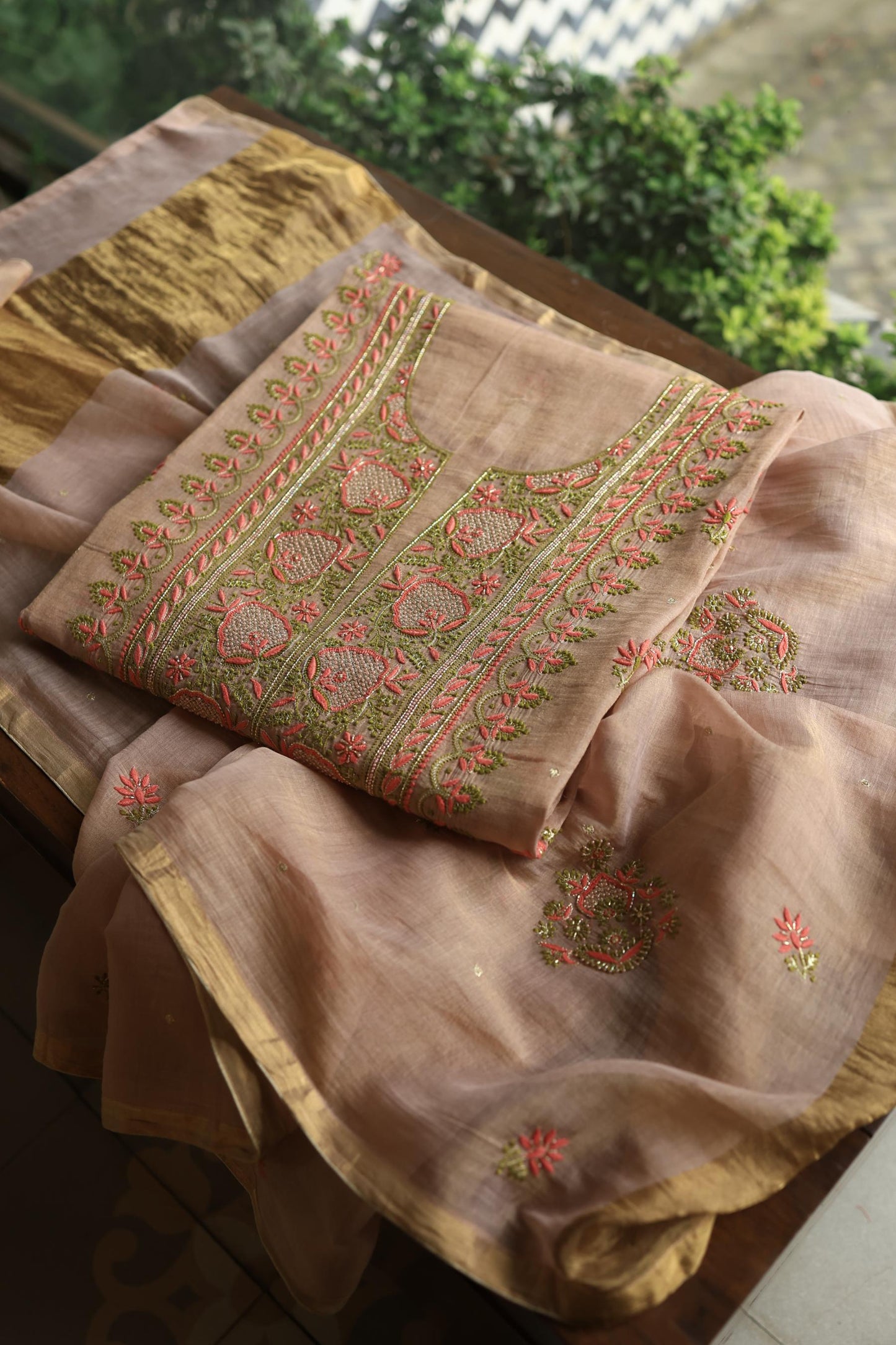 Peach Shade Tissue Silk Chikankari Unstitched FabricP