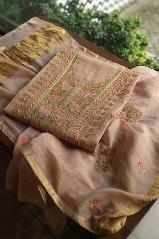 Peach Shade Tissue Silk Chikankari Unstitched FabricP