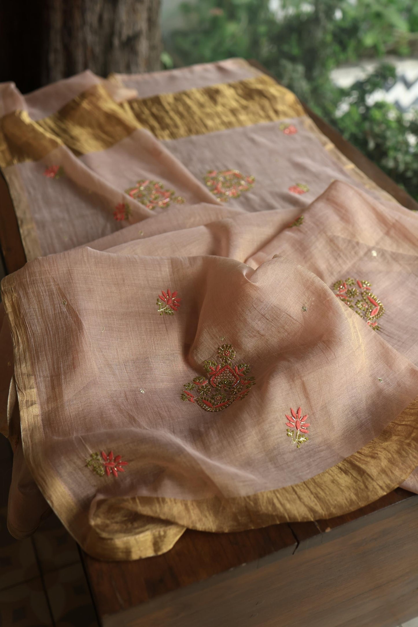 Peach Shade Tissue Silk Chikankari Unstitched FabricP