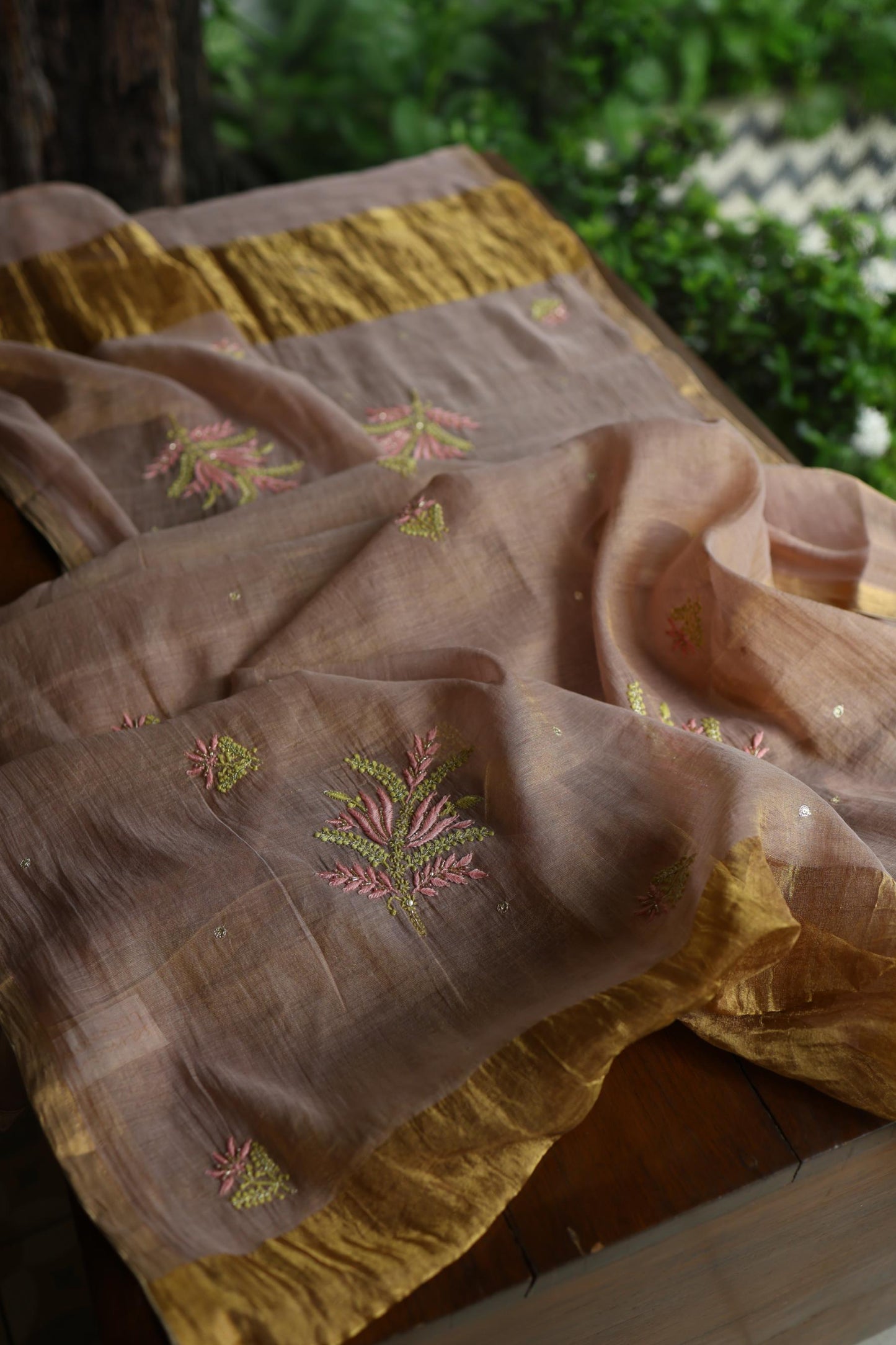 Peach Shade Tissue Silk Chikankari Unstitched Fabric