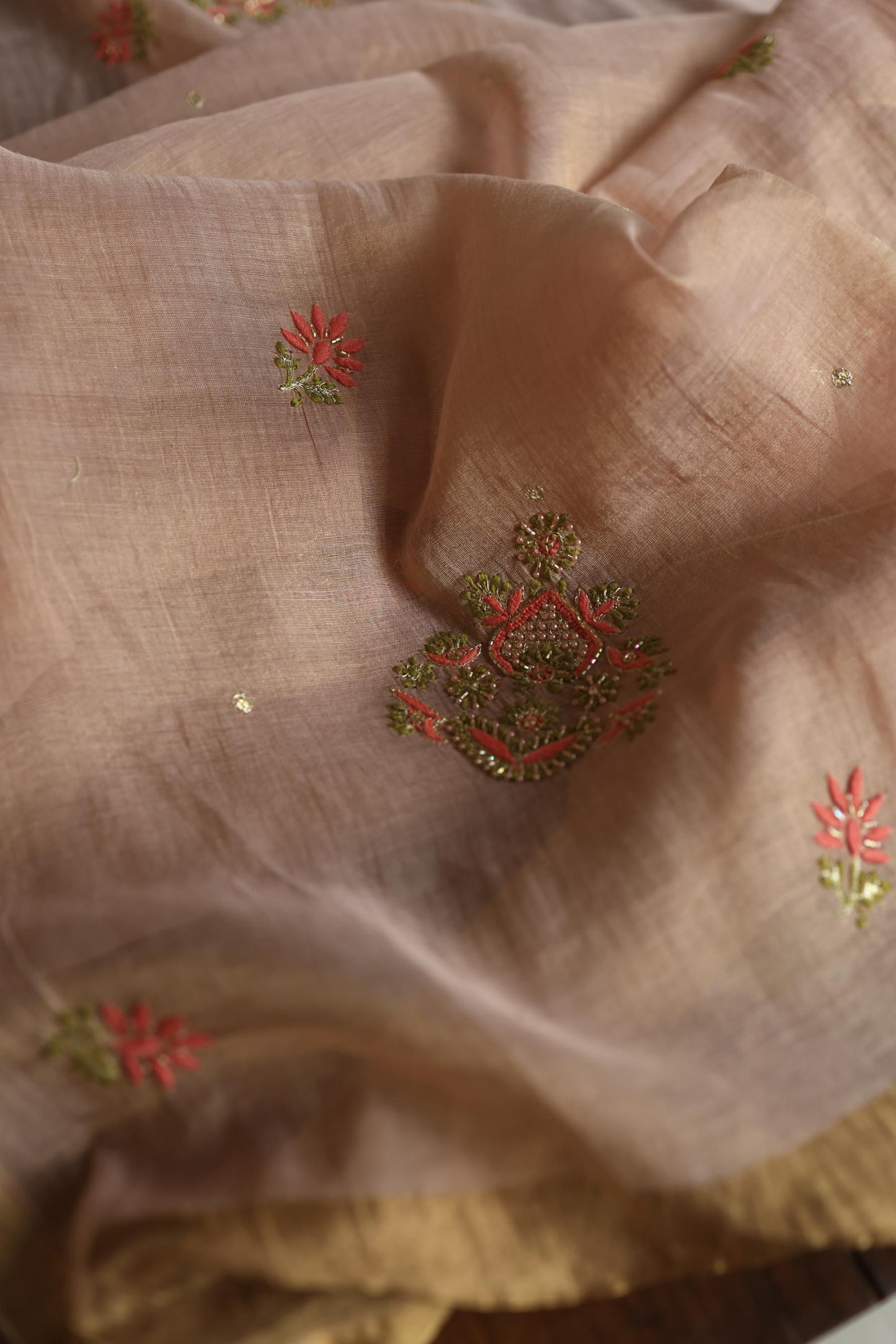 Peach Shade Tissue Silk Chikankari Unstitched FabricP