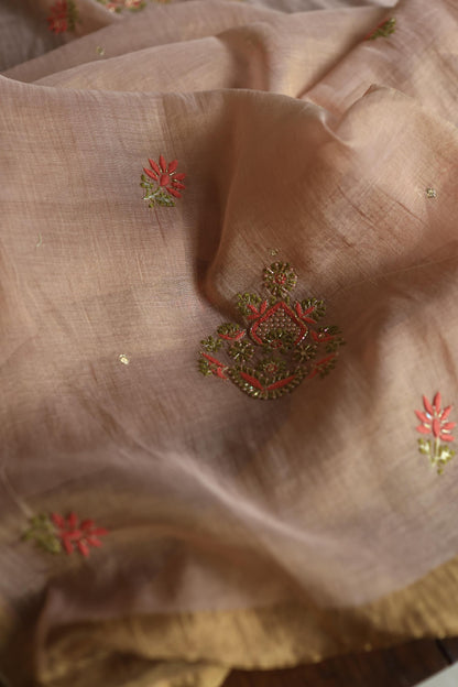 Peach Shade Tissue Silk Chikankari Unstitched FabricP