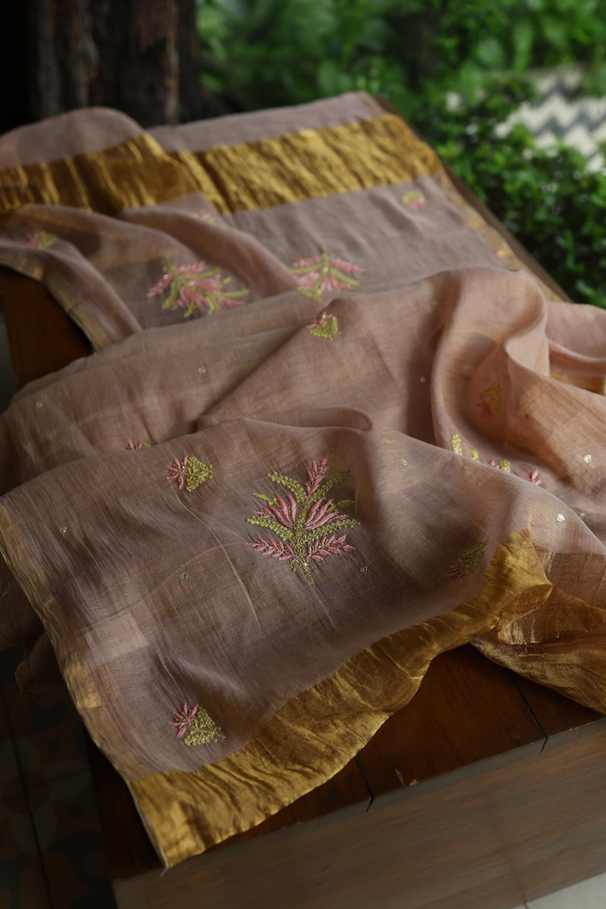 Peach Shade Tissue Silk Chikankari Unstitched Fabric