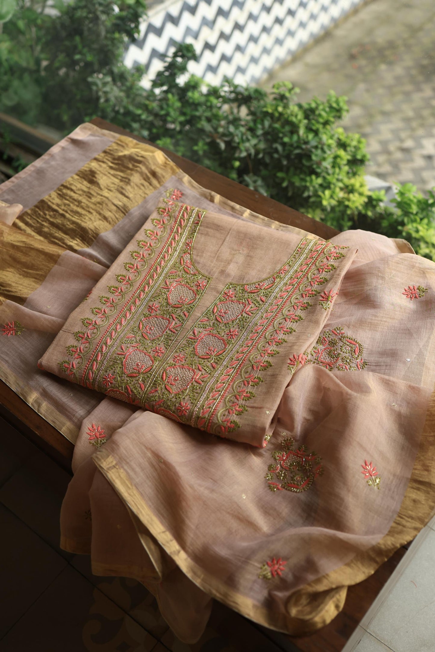 Peach Shade Tissue Silk Chikankari Unstitched FabricP