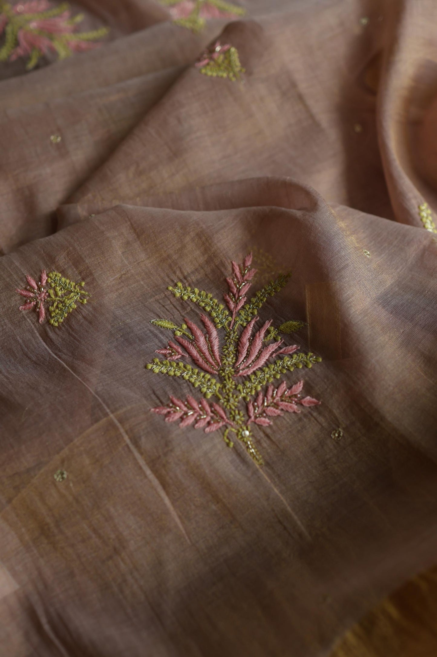 Peach Shade Tissue Silk Chikankari Unstitched Fabric