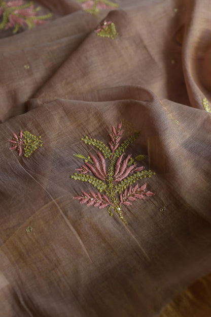 Peach Shade Tissue Silk Chikankari Unstitched Fabric
