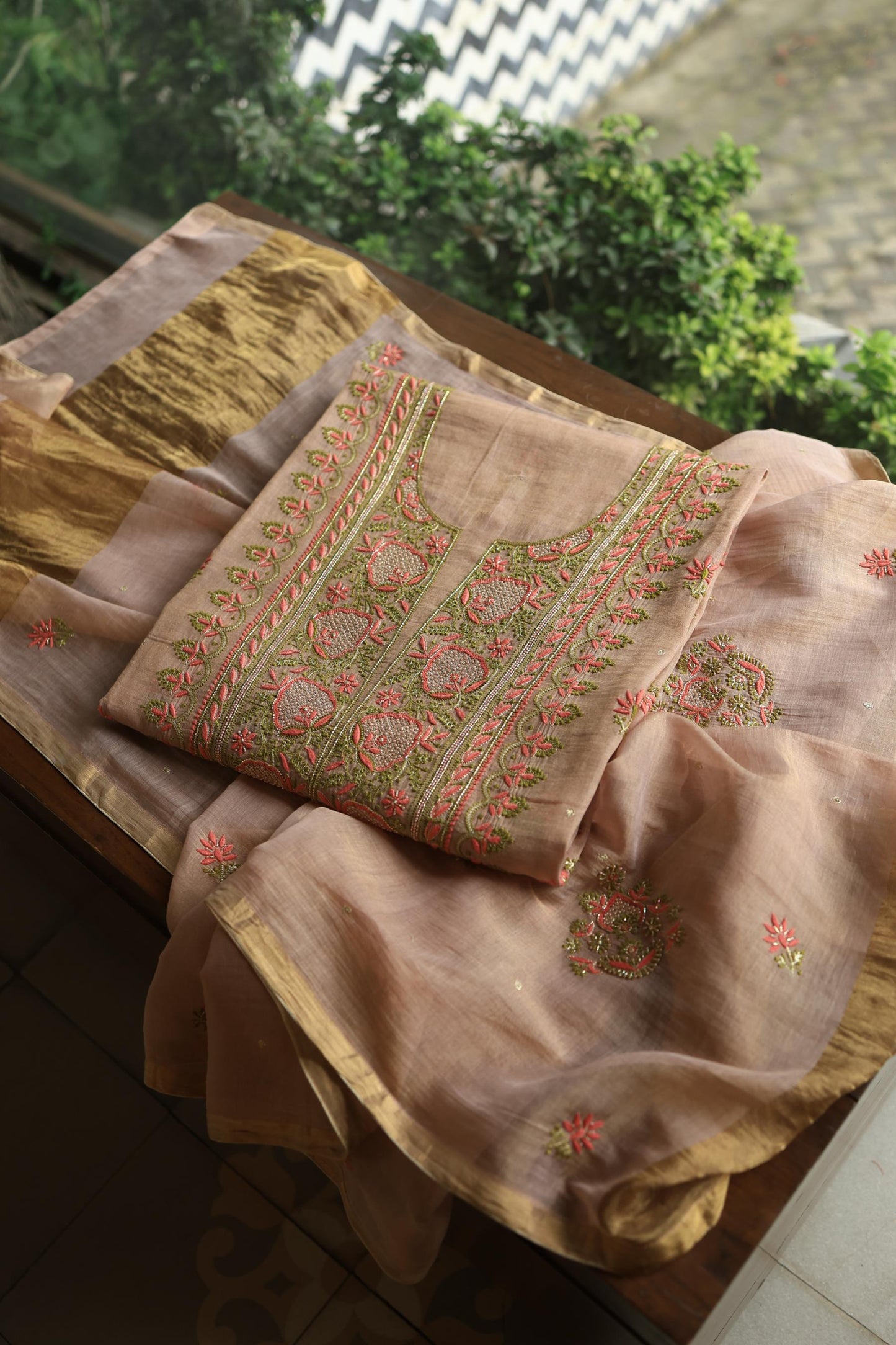 Peach Shade Tissue Silk Chikankari Unstitched FabricP