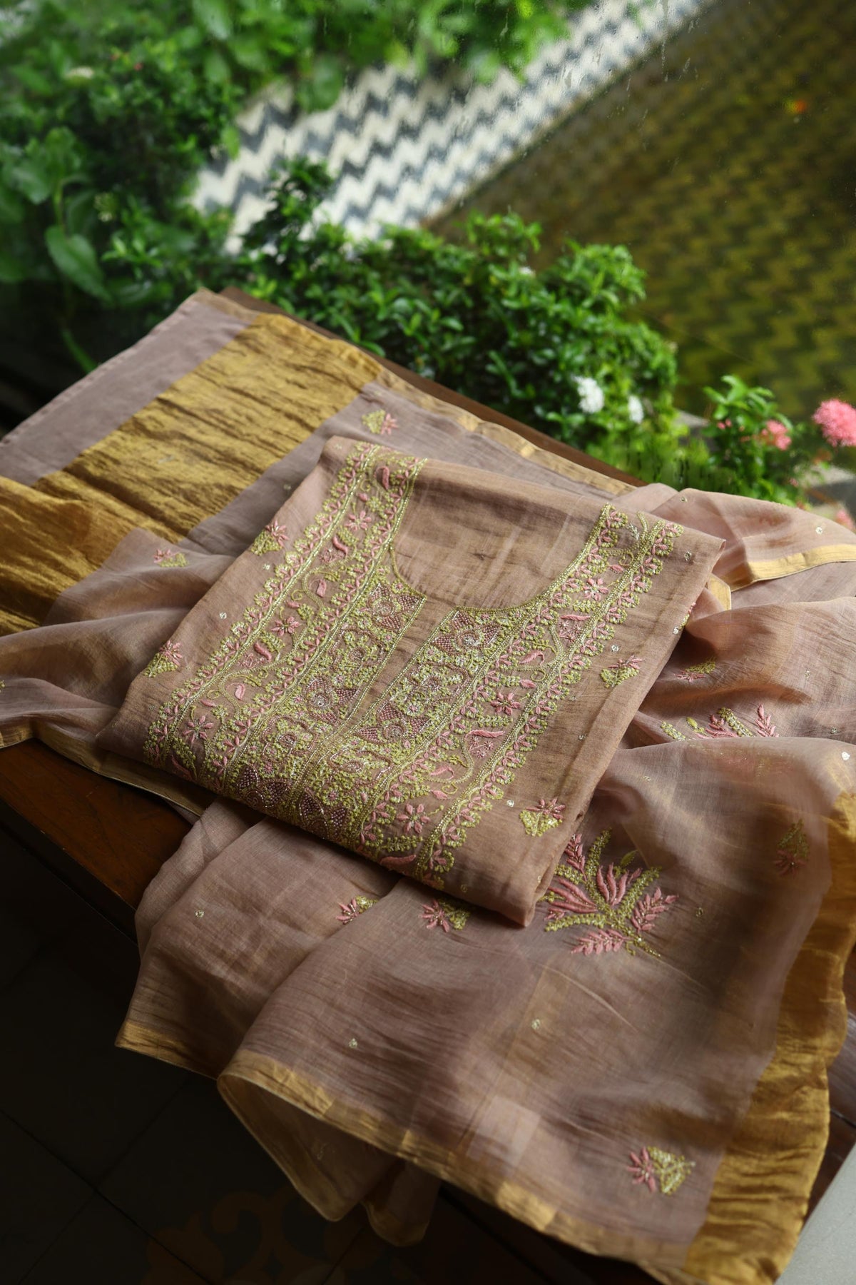 Peach Shade Tissue Silk Chikankari Unstitched Fabric