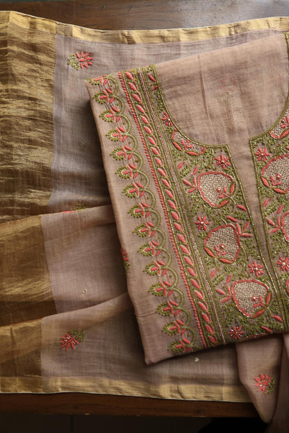 Peach Shade Tissue Silk Chikankari Unstitched FabricP