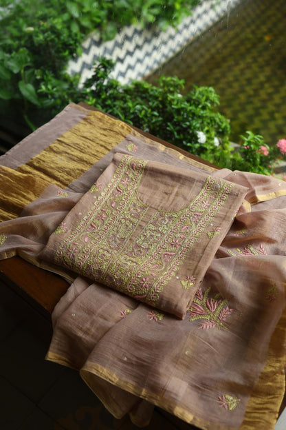 Peach Shade Tissue Silk Chikankari Unstitched Fabric