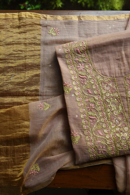 Peach Shade Tissue Silk Chikankari Unstitched Fabric