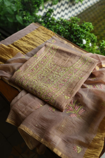 Peach Shade Tissue Silk Chikankari Unstitched Fabric