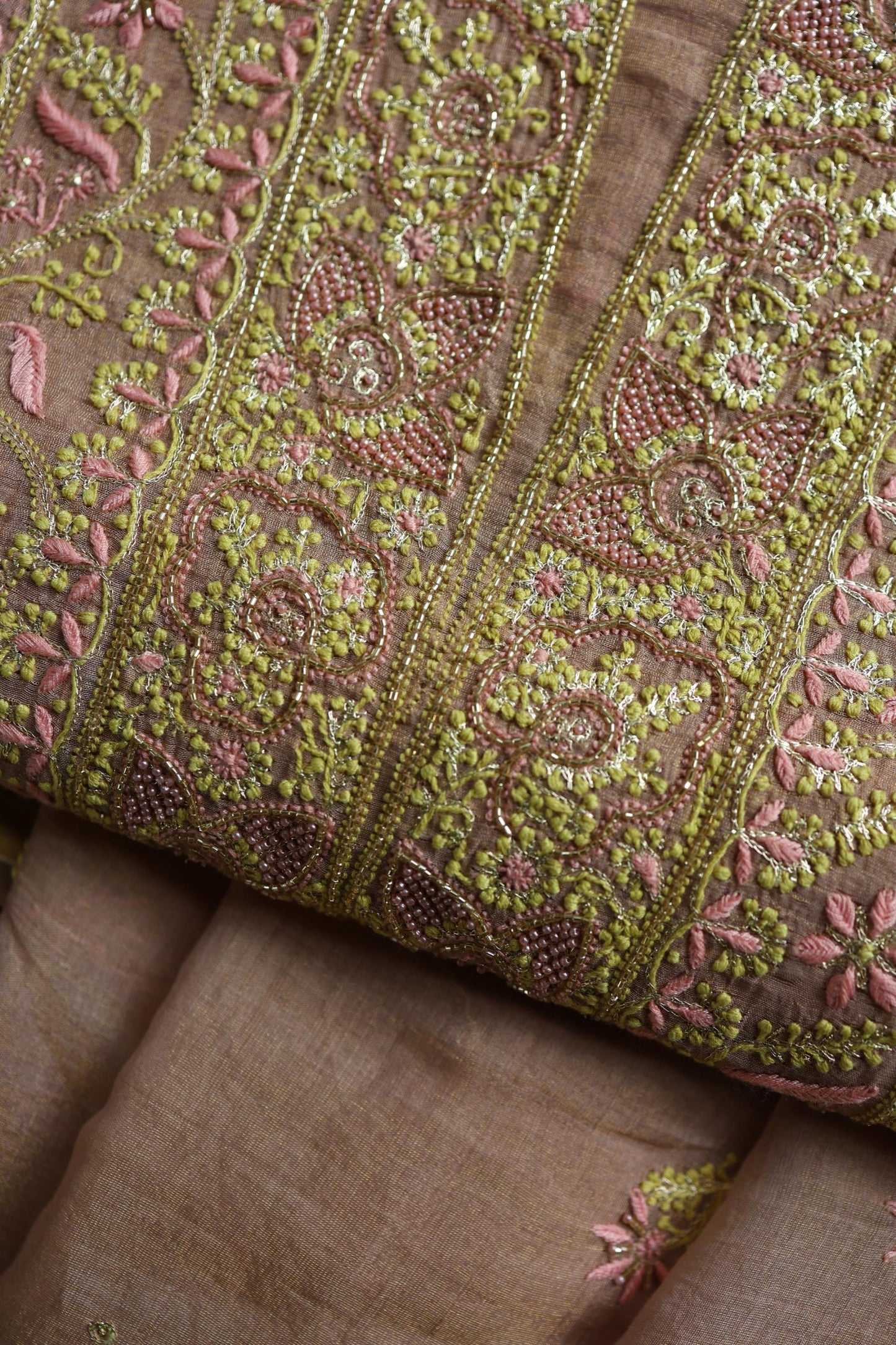 Peach Shade Tissue Silk Chikankari Unstitched Fabric
