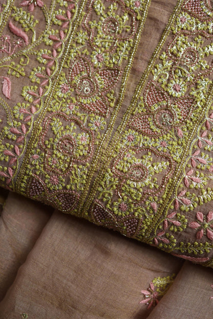 Peach Shade Tissue Silk Chikankari Unstitched Fabric
