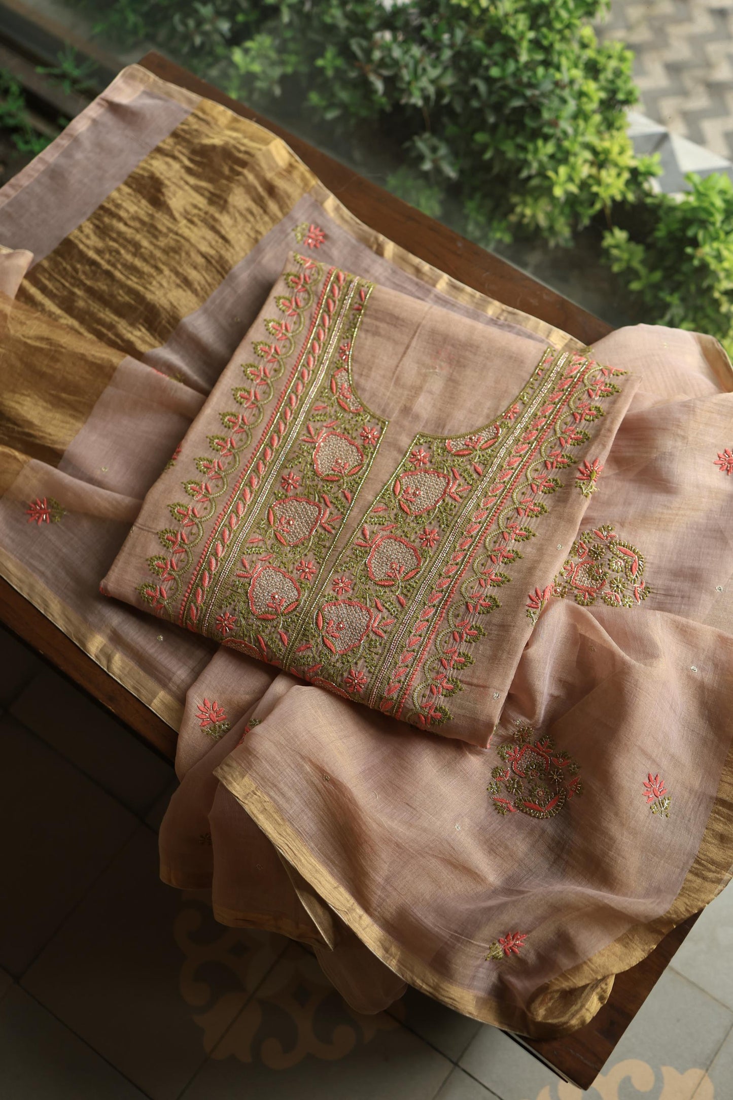 Peach Shade Tissue Silk Chikankari Unstitched FabricP