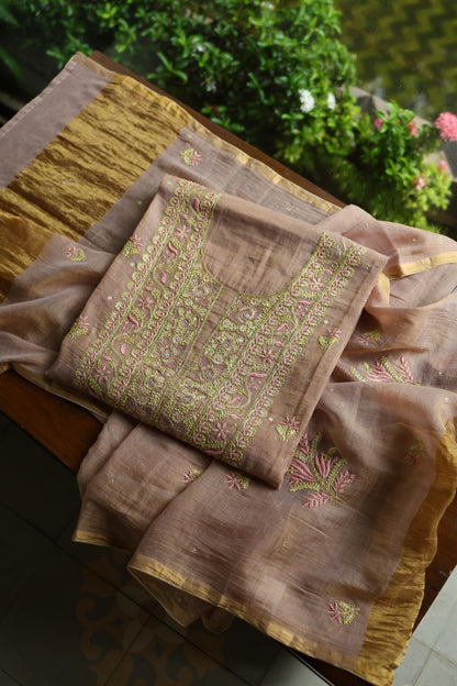 Peach Shade Tissue Silk Chikankari Unstitched Fabric